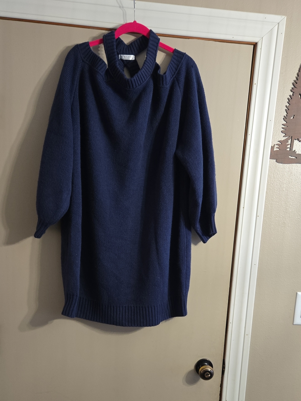 Navy Cutout-Shoulder Knit Sweater Dress